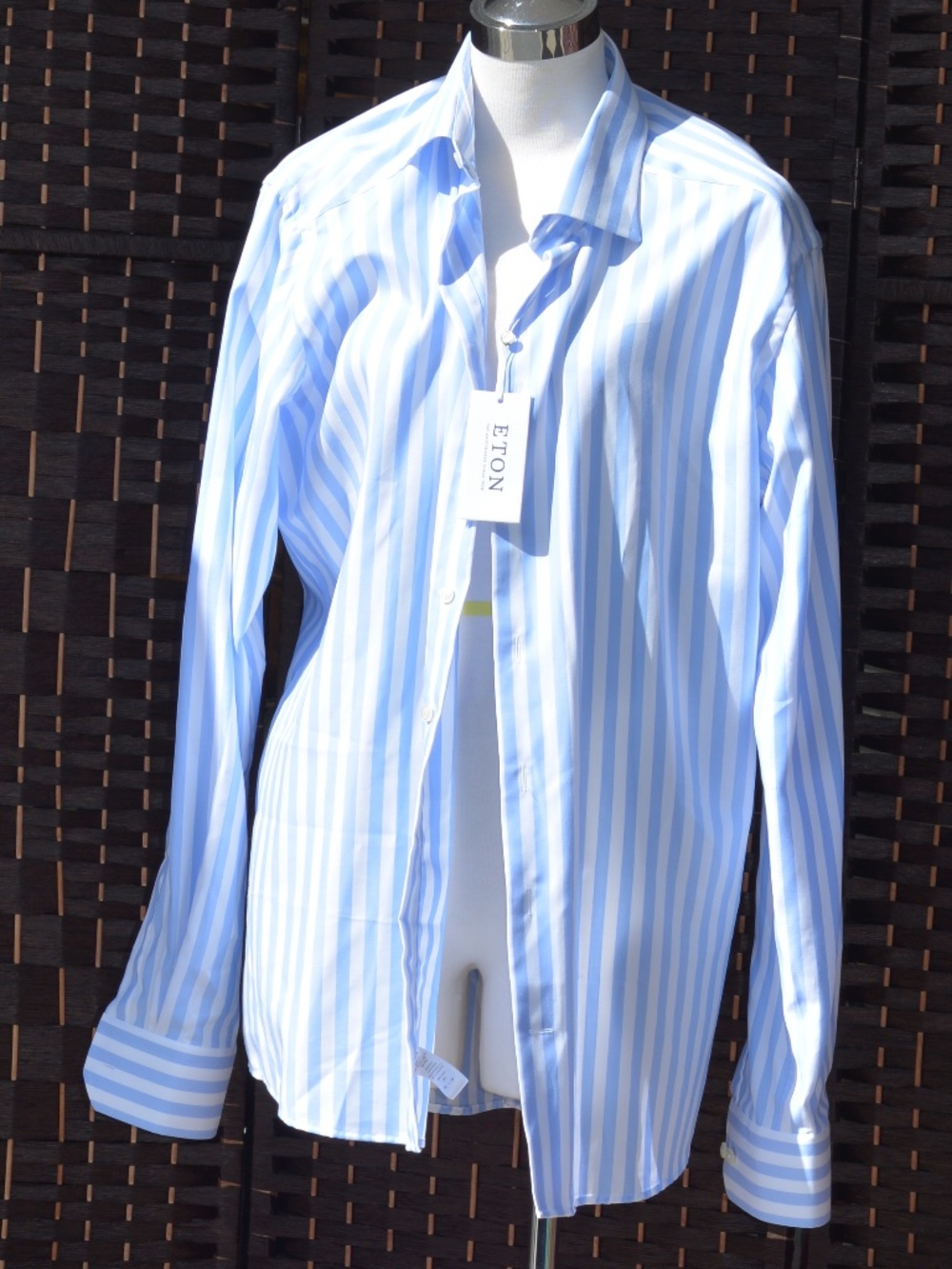 Men's Eton Blue White Striped Dress Shirt Sz LMNeck 16 " NWT